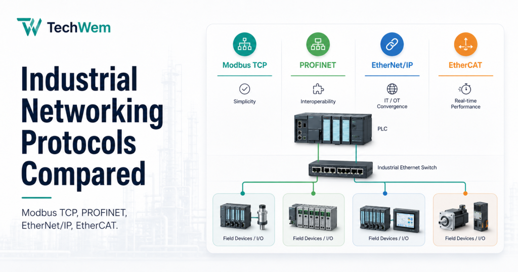 Industrial Networking Protocols Compared: Modbus TCP, PROFINET, EtherNet/IP, EtherCAT